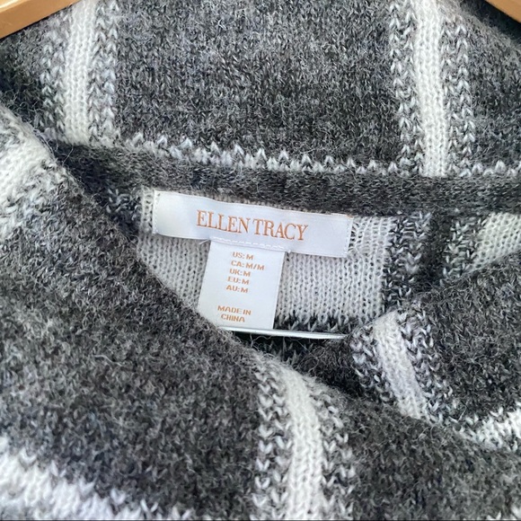 ELLEN TRACY Gray Grid Cowlneck Shawl Wool Sweater - Picture 9 of 9